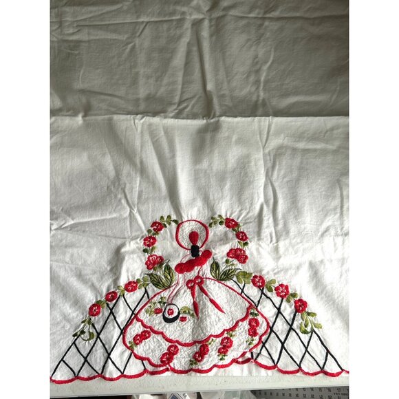 Vintage Hand-Embroidered Lady Design Cotton Pillow Cases Red Green Floral Accent - Picture 2 of 10